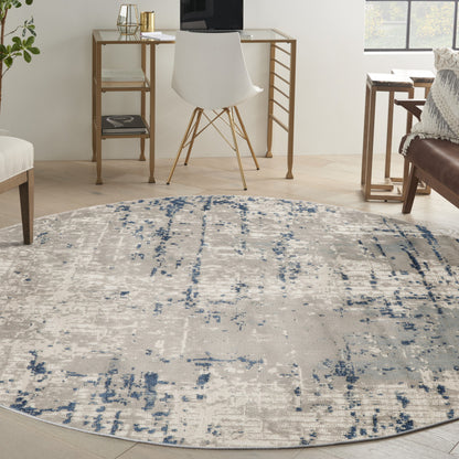 4' Blue and Gray Round Abstract Power Loom Area Rug