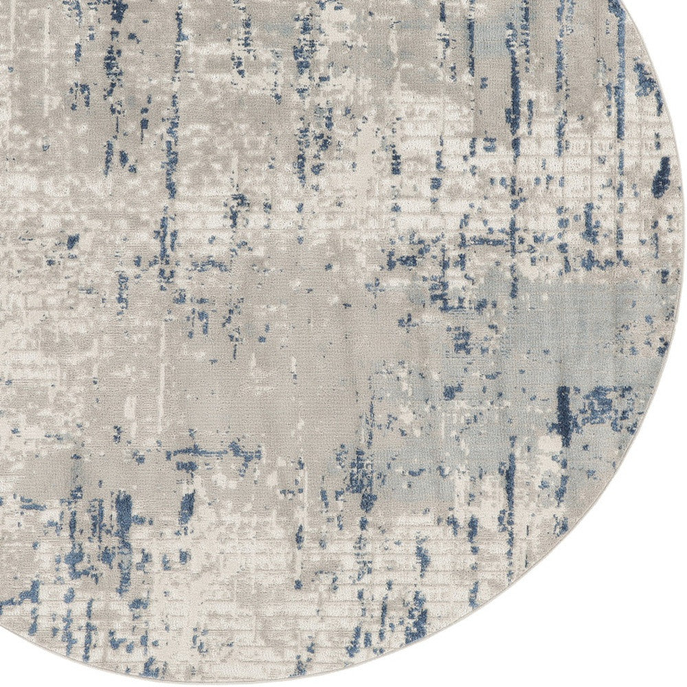 4' Blue and Gray Round Abstract Power Loom Area Rug