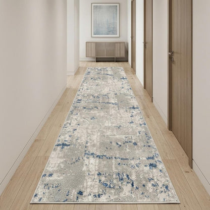12' Blue and Gray Abstract Power Loom Runner Rug