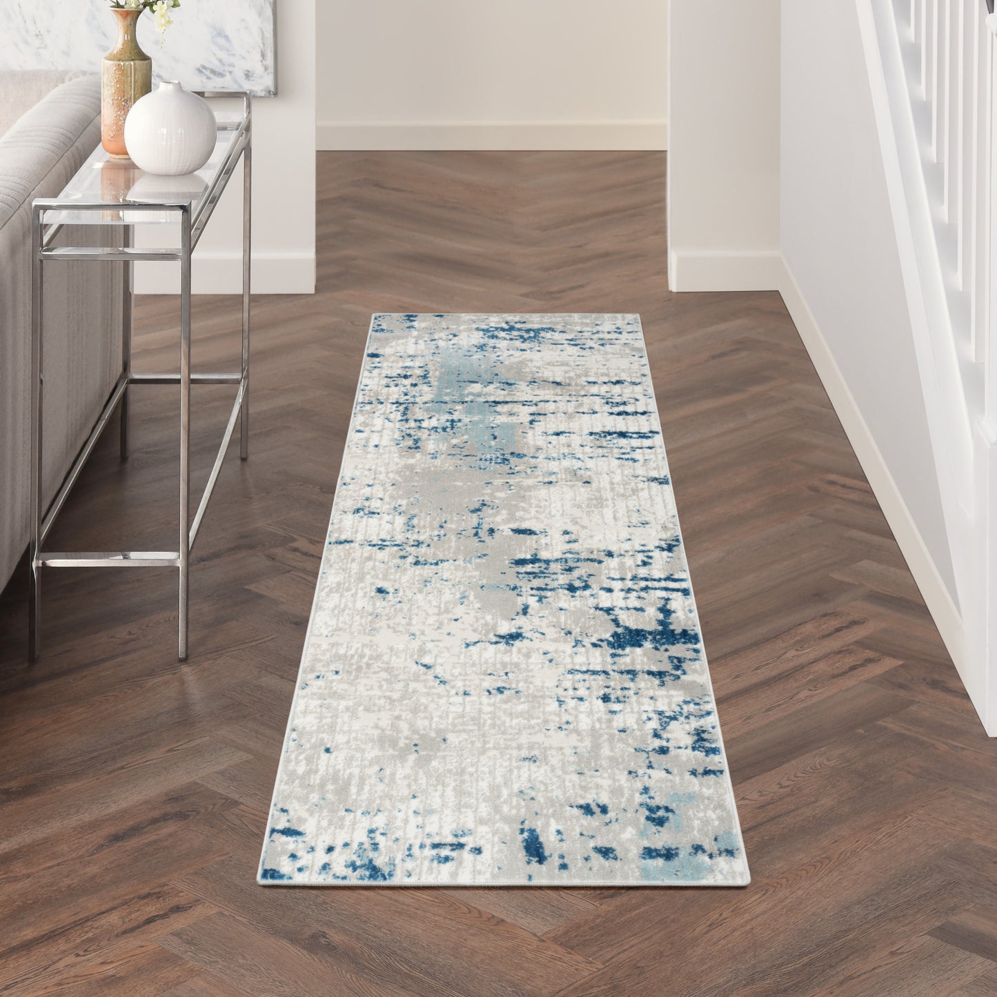 12' Blue and Gray Abstract Power Loom Runner Rug