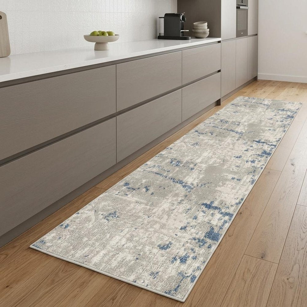 8' Blue and Gray Abstract Power Loom Runner Rug