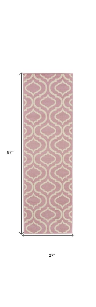 7' Pink And Ivory Moroccan Runner Rug