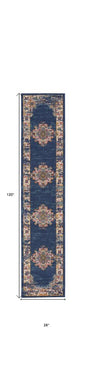10' Blue and Ivory Oriental Power Loom Distressed Runner Rug