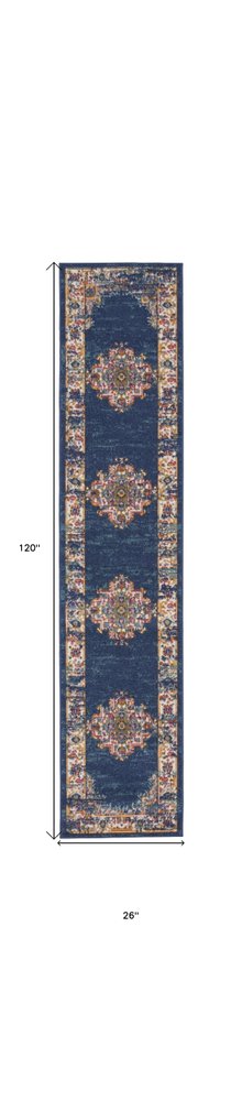 10' Blue and Ivory Oriental Power Loom Distressed Runner Rug