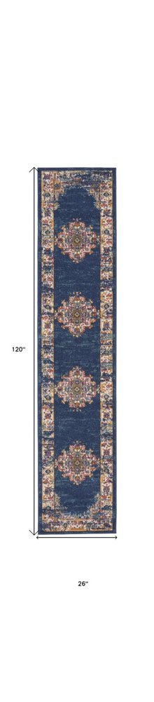 10' Blue and Ivory Oriental Power Loom Distressed Runner Rug