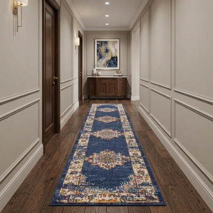10' Blue and Ivory Oriental Power Loom Distressed Runner Rug