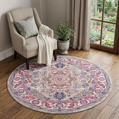 5' Gray Round Floral Power Loom Area Rug