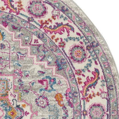5' Gray Round Floral Power Loom Area Rug