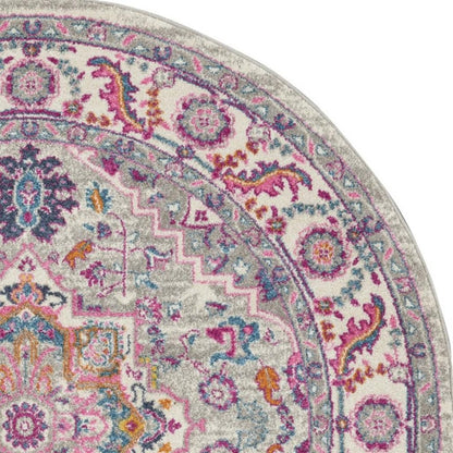 5' Gray Round Floral Power Loom Area Rug