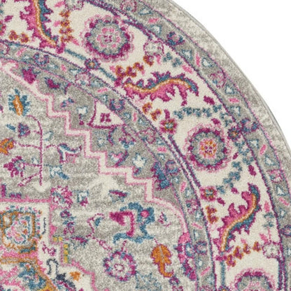 4' Gray Round Floral Power Loom Area Rug