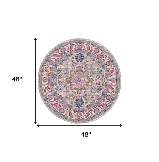 4' Gray Round Floral Power Loom Area Rug