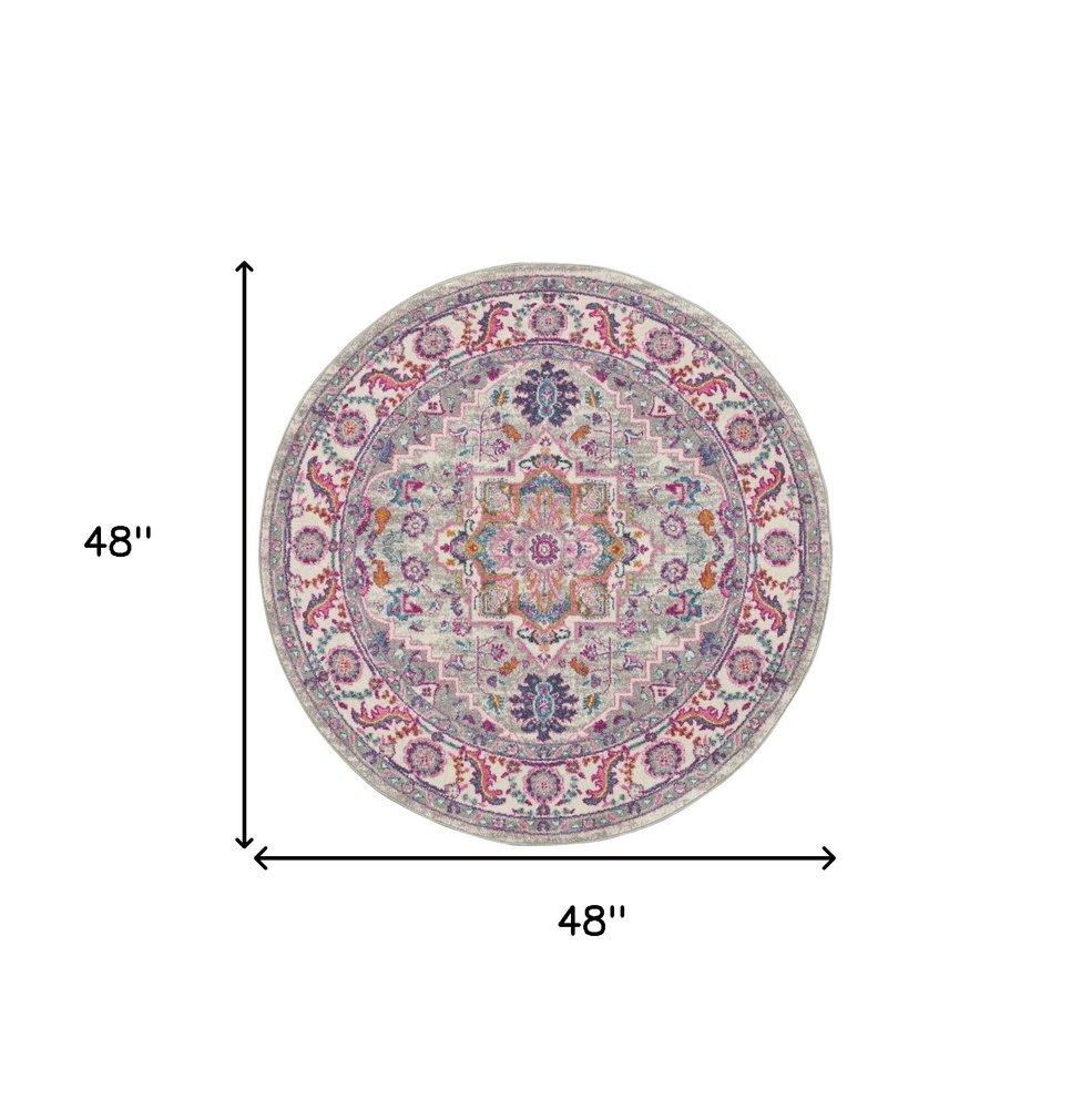 4' Gray Round Floral Power Loom Area Rug
