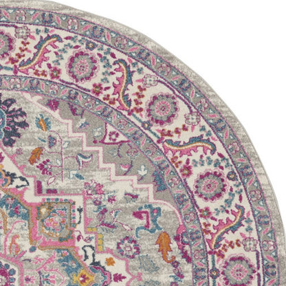 8' Gray Round Floral Power Loom Area Rug
