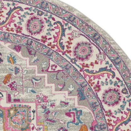 8' Gray Round Floral Power Loom Area Rug