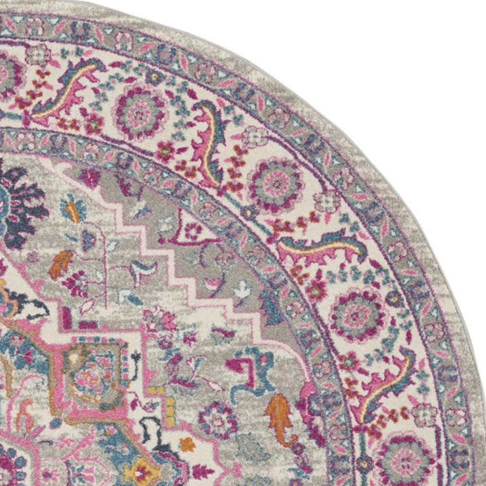 8' Gray Round Floral Power Loom Area Rug