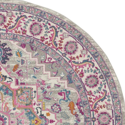 8' Gray Round Floral Power Loom Area Rug