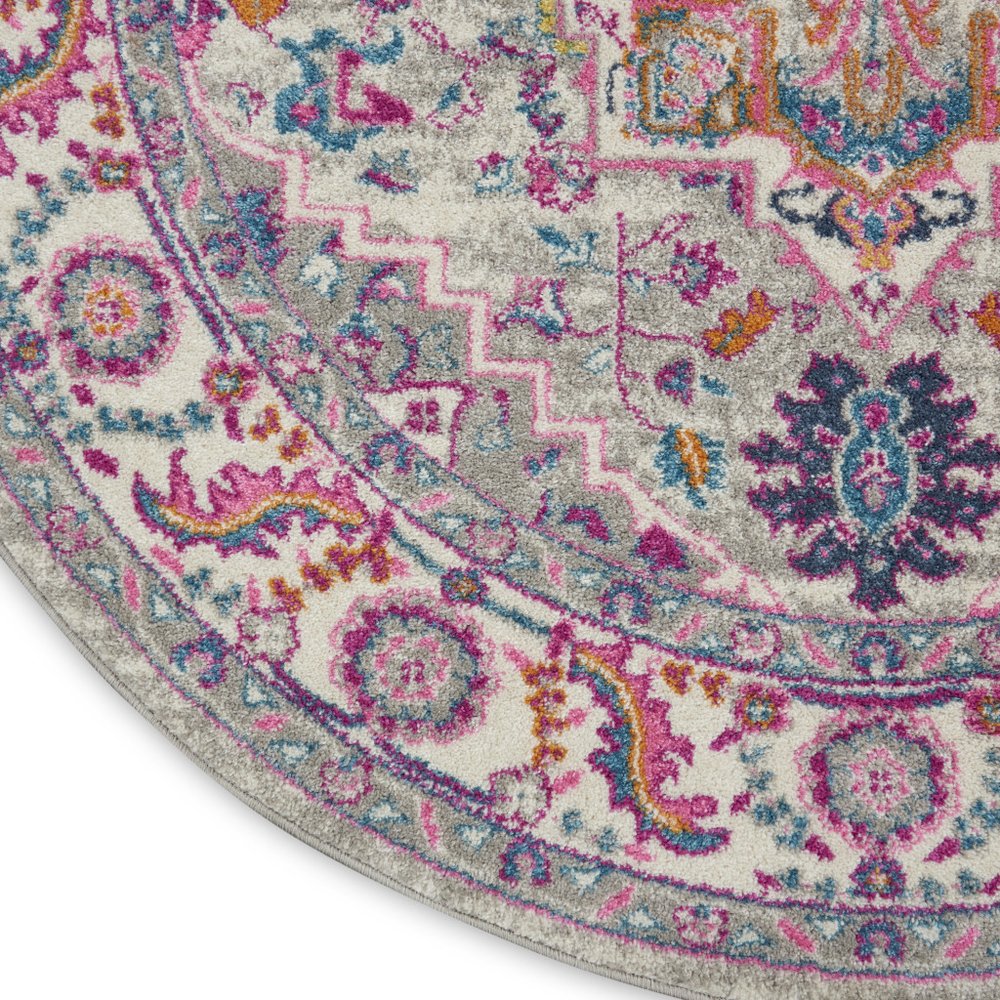 8' Gray Round Floral Power Loom Area Rug