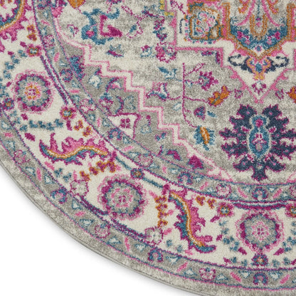 8' Gray Round Floral Power Loom Area Rug