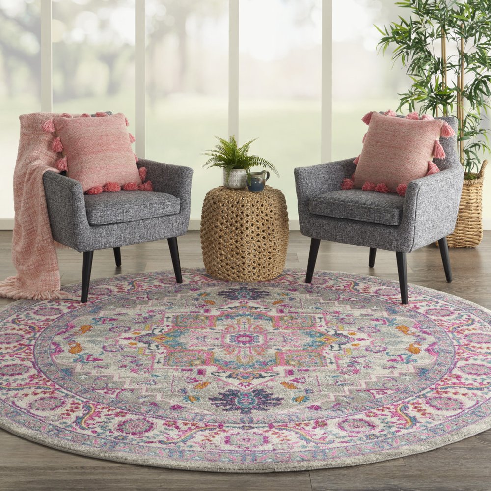 8' Gray Round Floral Power Loom Area Rug