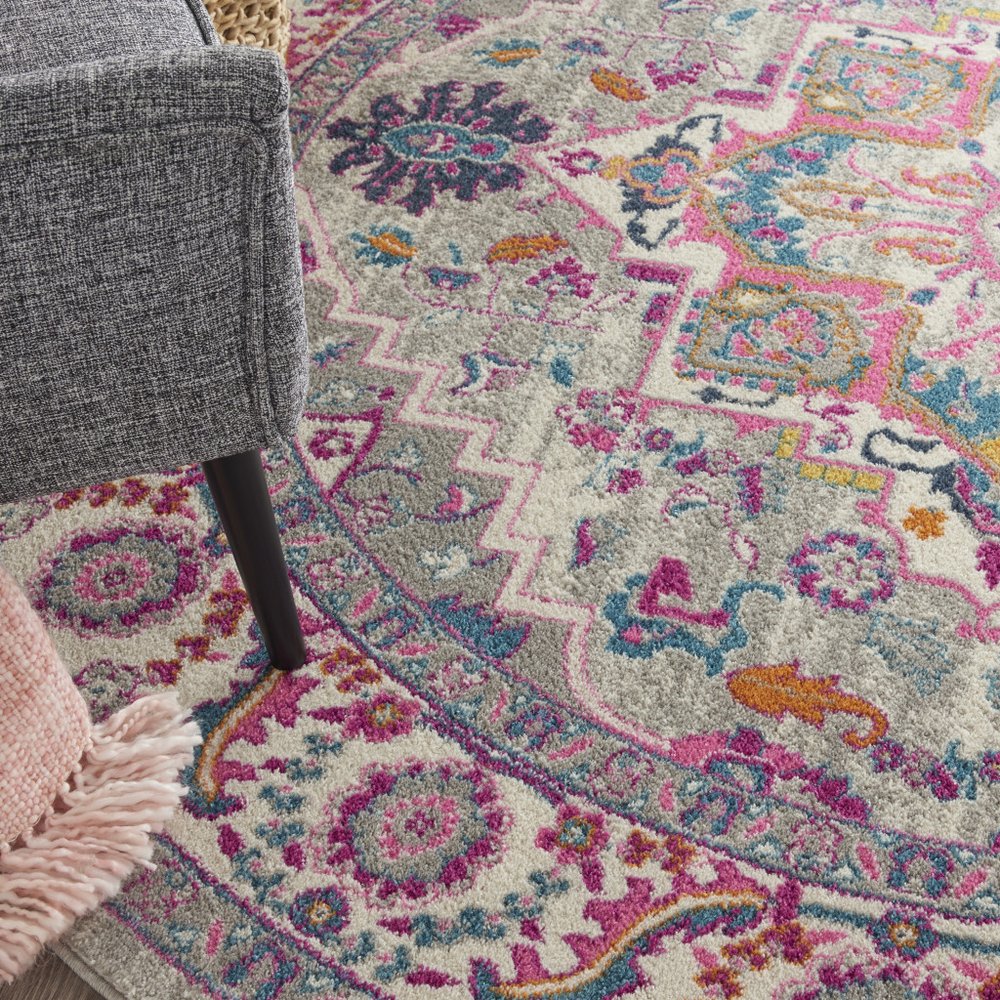 8' Gray Round Floral Power Loom Area Rug