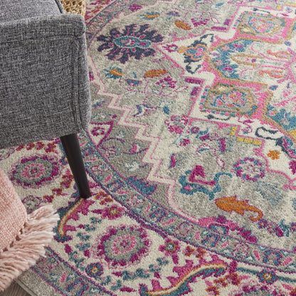 8' Gray Round Floral Power Loom Area Rug