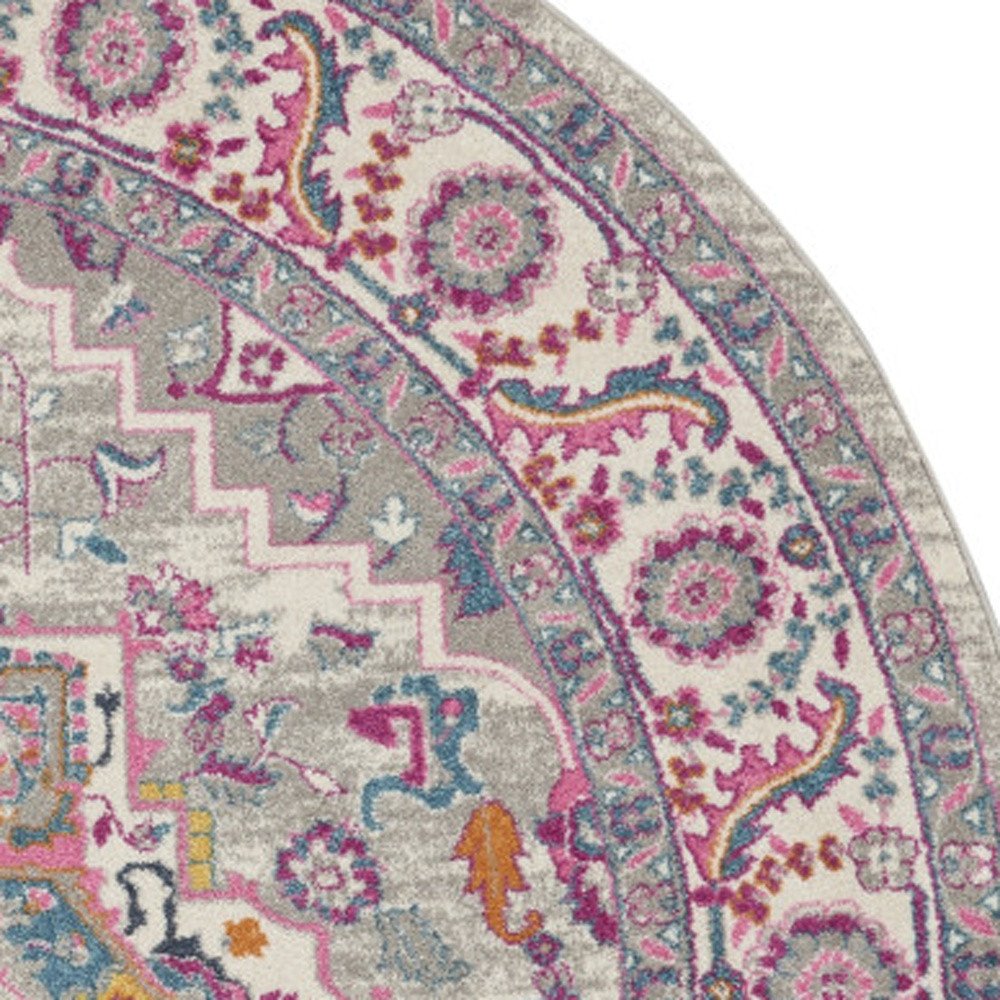 8' Gray Round Floral Power Loom Area Rug