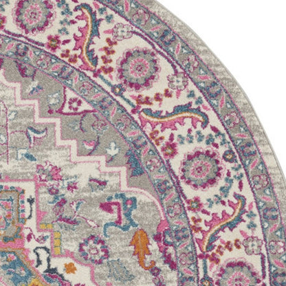 8' Gray Round Floral Power Loom Area Rug