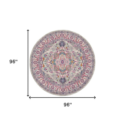 8' Gray Round Floral Power Loom Area Rug