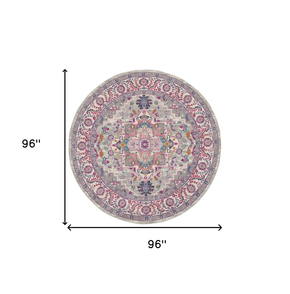 8' Gray Round Floral Power Loom Area Rug