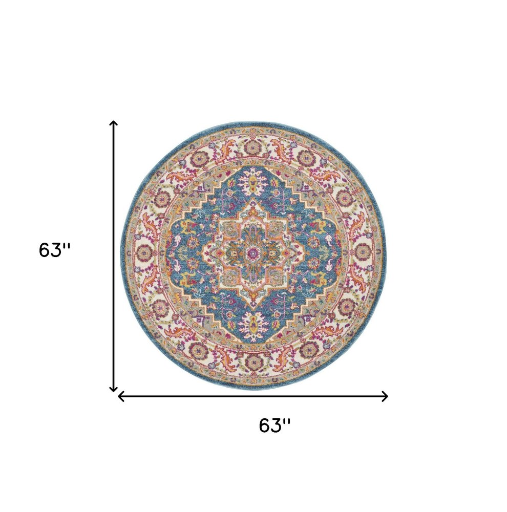 5' Gray Round Floral Power Loom Area Rug