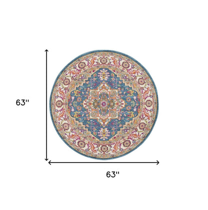 5' Gray Round Floral Power Loom Area Rug