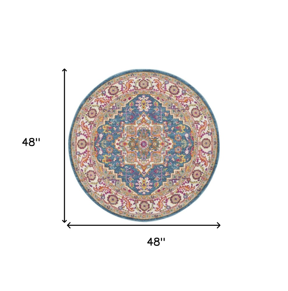 4' Gray Round Floral Power Loom Area Rug