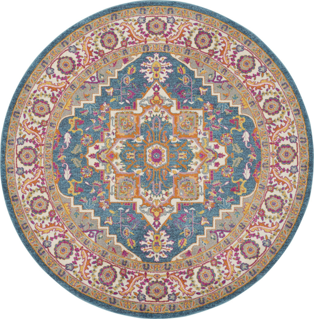 8' Gray Round Floral Power Loom Area Rug