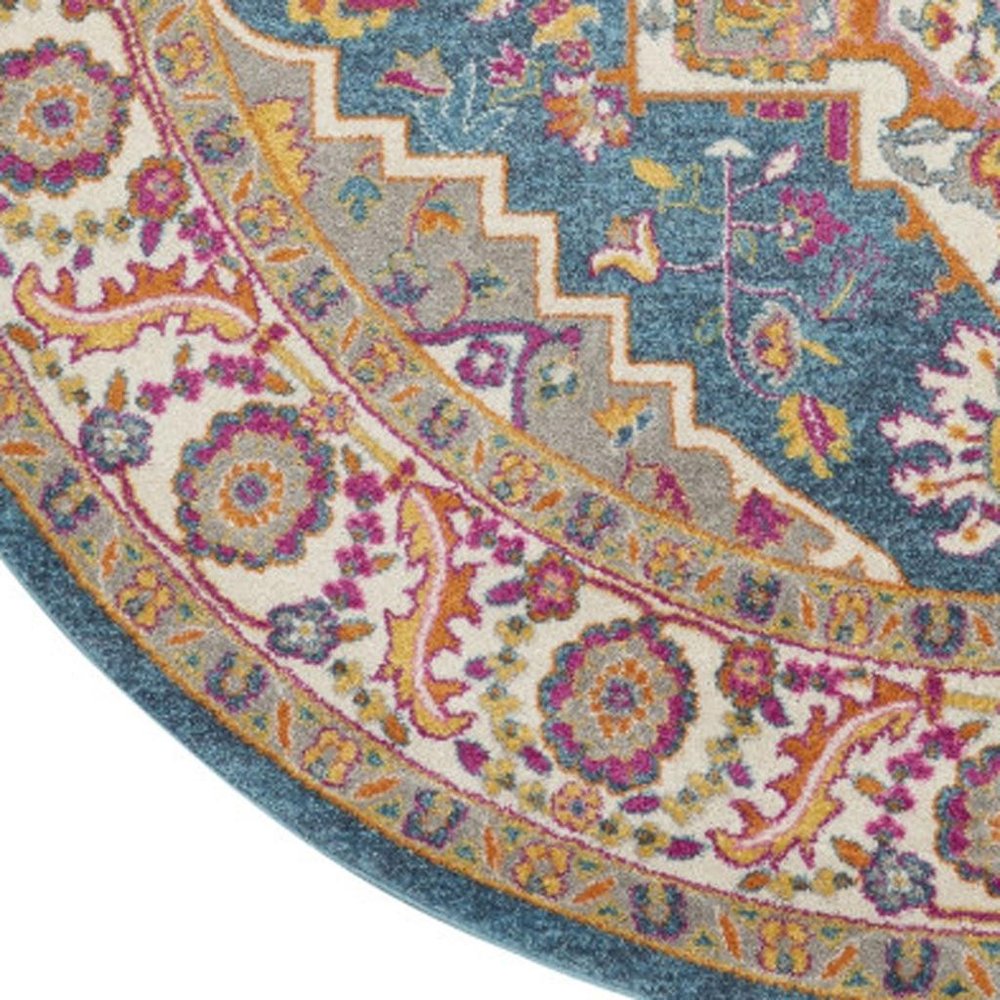 8' Gray Round Floral Power Loom Area Rug
