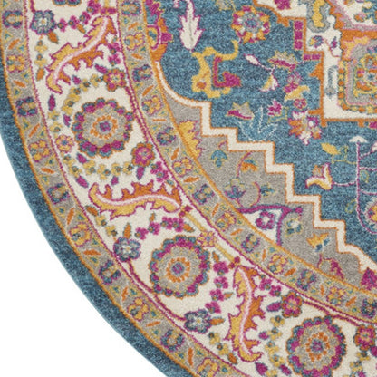 8' Gray Round Floral Power Loom Area Rug