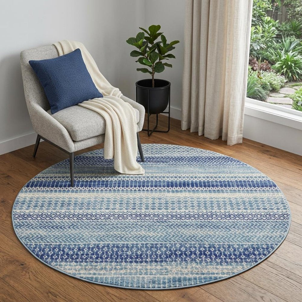 4' Navy Blue Round Floral Power Loom Area Rug