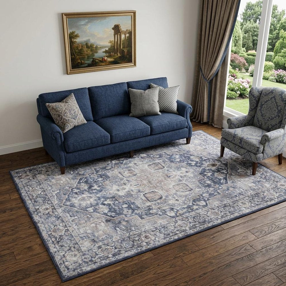 5' X 7' Blue And Pink Floral Power Loom Distressed Washable Area Rug