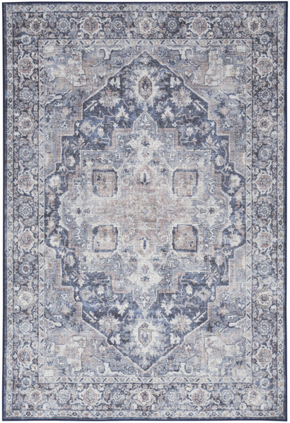 8' X 10' Blue And Pink Floral Power Loom Distressed Washable Area Rug