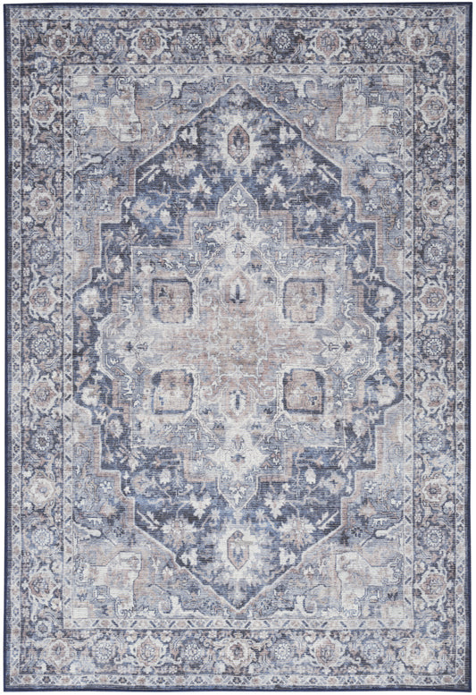 8' X 10' Blue And Pink Floral Power Loom Distressed Washable Area Rug