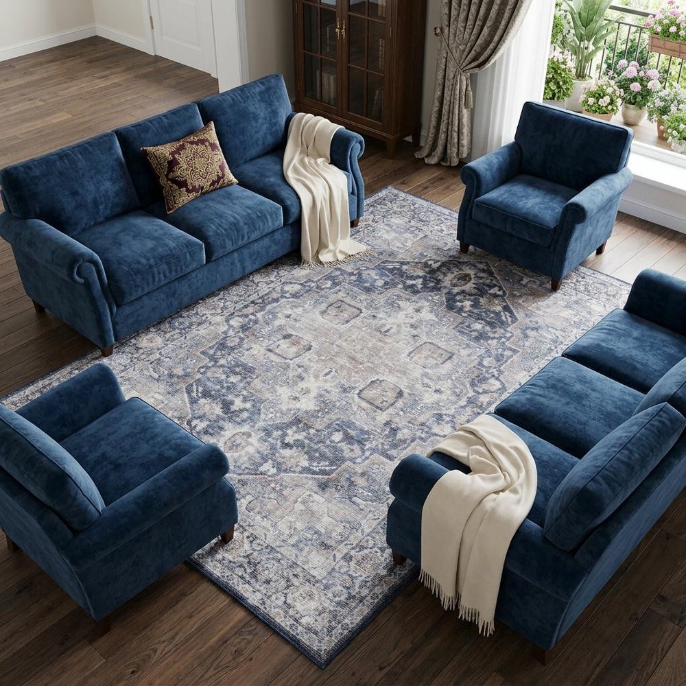6' X 9' Blue And Pink Floral Power Loom Distressed Washable Area Rug