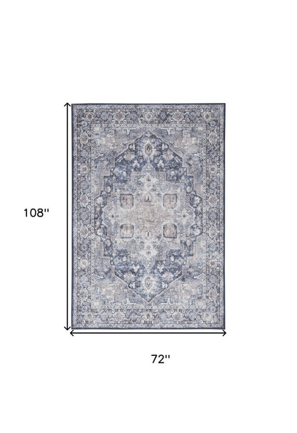 6' X 9' Blue And Pink Floral Power Loom Distressed Washable Area Rug