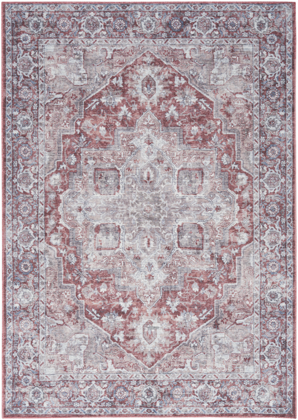 6' X 9' Blue And Pink Floral Power Loom Distressed Washable Area Rug