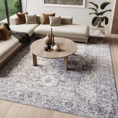 6' X 9' Blue And Pink Floral Power Loom Distressed Washable Area Rug