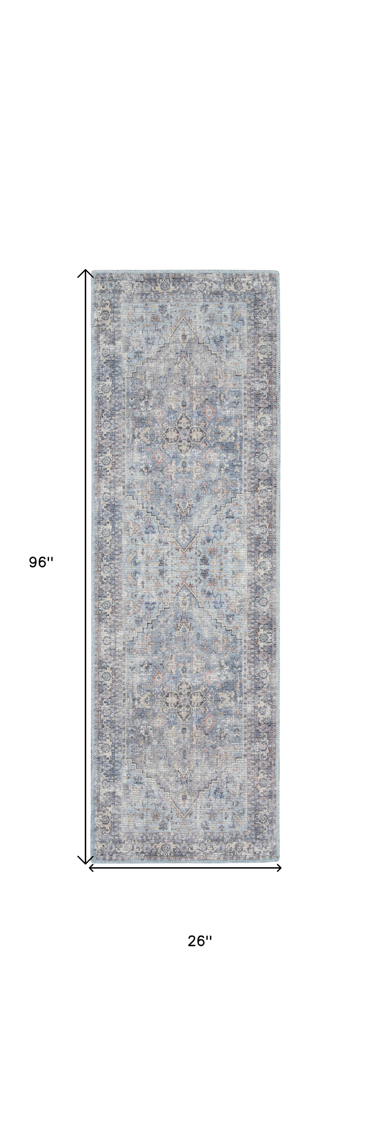 8' Gray Floral Power Loom Distressed Washable Runner Rug