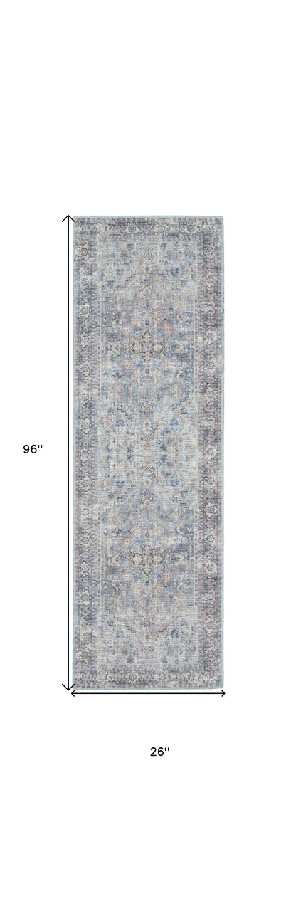 8' Gray Floral Power Loom Distressed Washable Runner Rug