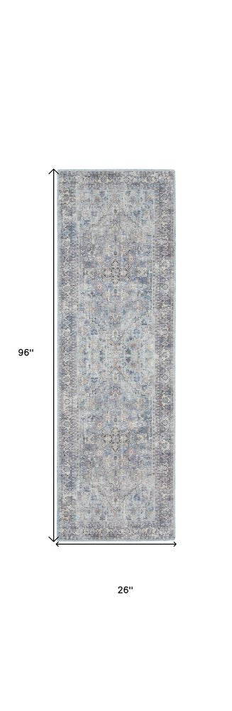8' Gray Floral Power Loom Distressed Washable Runner Rug