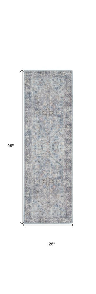 8' Gray Floral Power Loom Distressed Washable Runner Rug