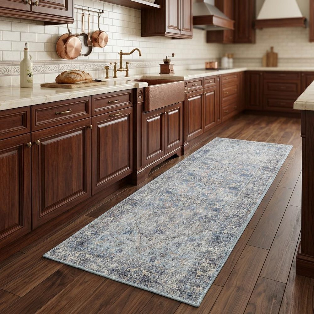 8' Gray Floral Power Loom Distressed Washable Runner Rug