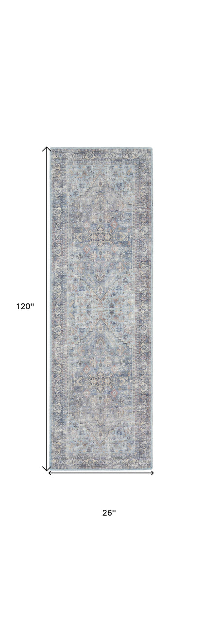 10' Gray Floral Power Loom Distressed Washable Runner Rug