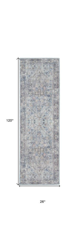 10' Gray Floral Power Loom Distressed Washable Runner Rug